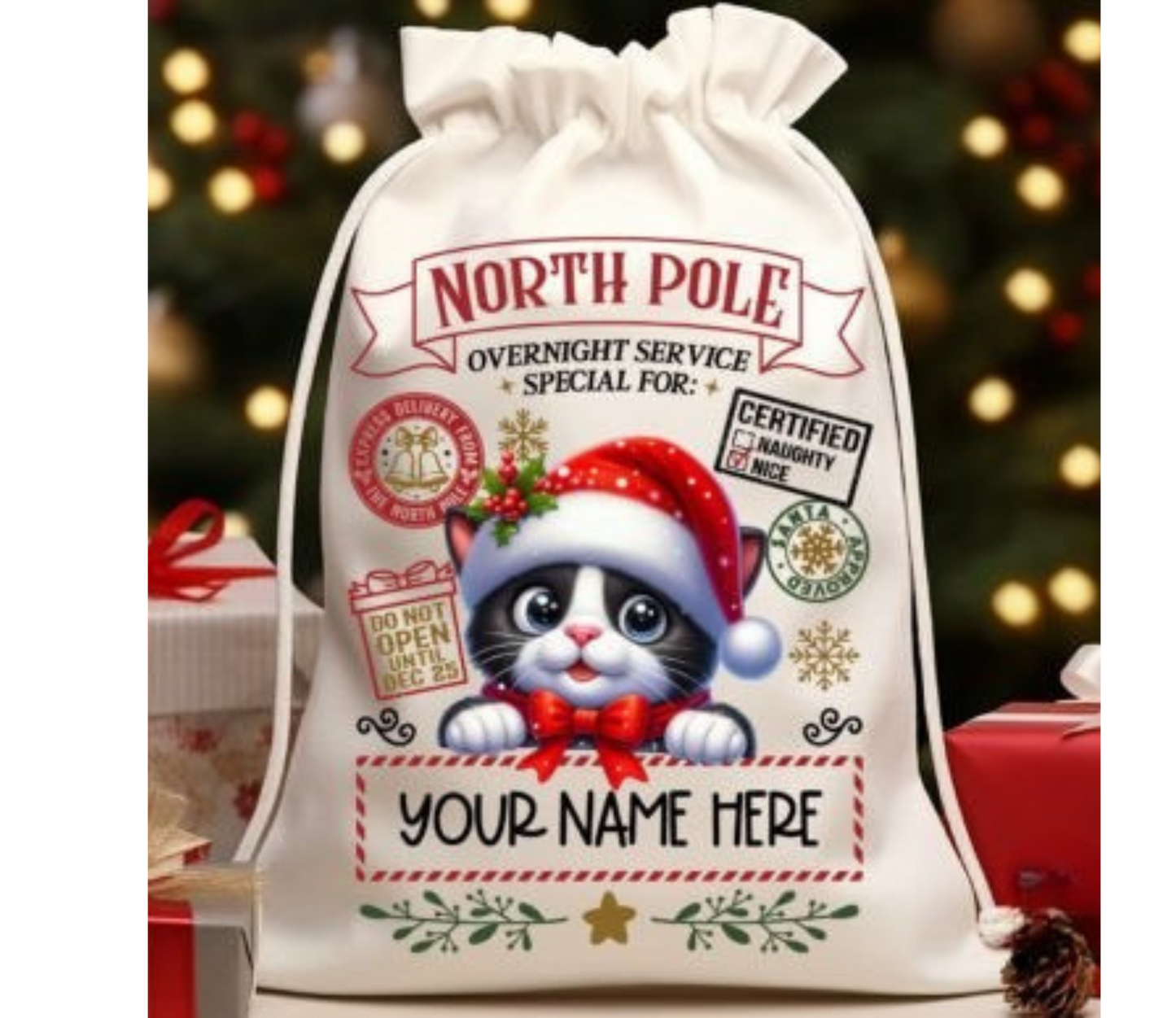 North Pole Cat Santa Sack